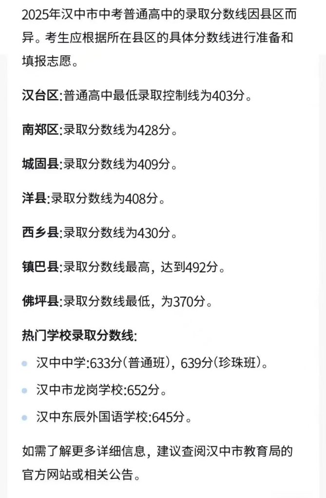 2025年汉中市中考普通高中的录取分数线