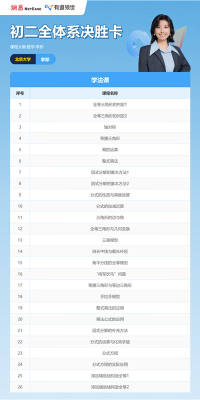 初二数学补课推荐-有道领世李珍老师学法课课程安排
