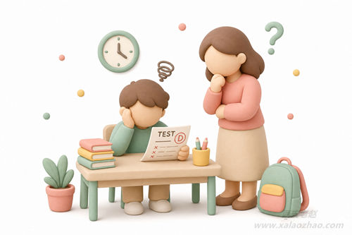 孩子成绩下滑场景：学生看试卷皱眉，家长站在旁边担忧