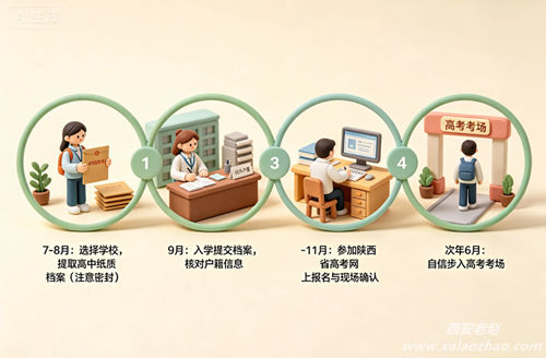 高考复读手续流程图：7-8月选校提取档案，9月入学提交档案，11月高考报名，次年6月考试