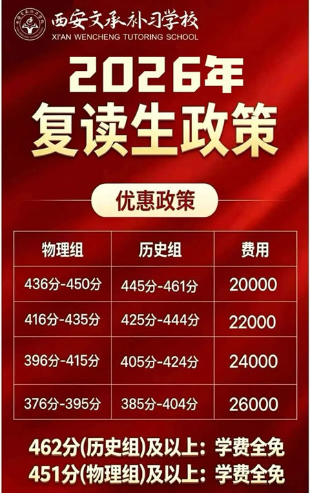 西安文承补习学校2026年复读生优惠政策海报